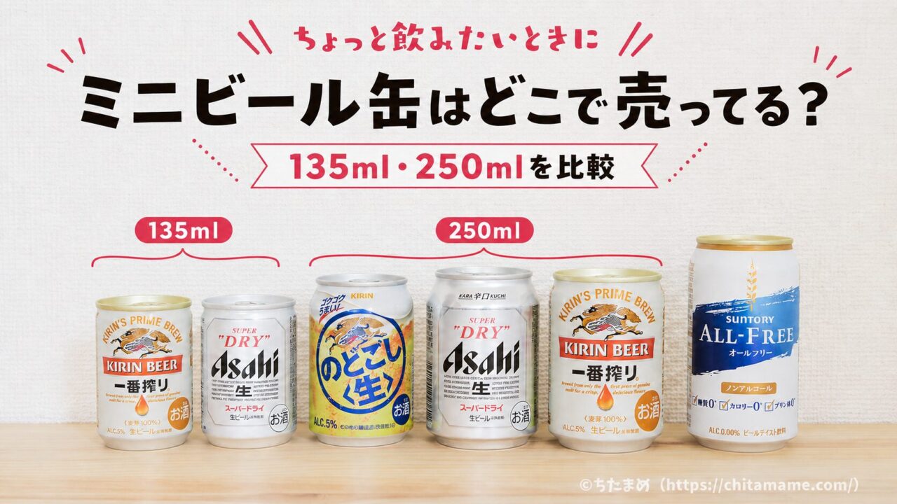 135mlと250mlのミニビール缶を並べてサイズを比較した画像
