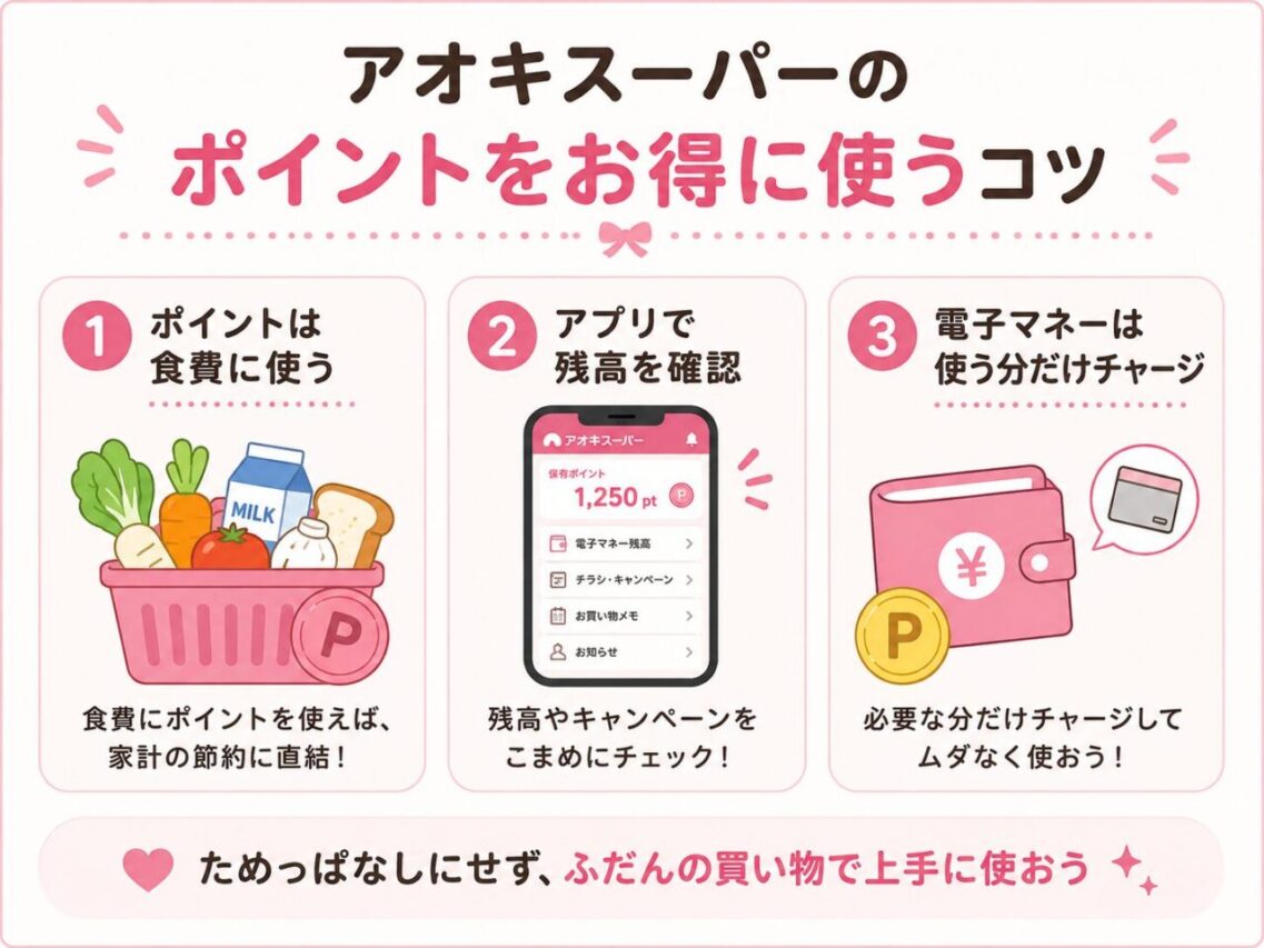 アオキスーパーのポイントをお得に使うコツとして、食費に使う・アプリで残高確認・電子マネーは必要な分だけチャージする流れをまとめた挿絵