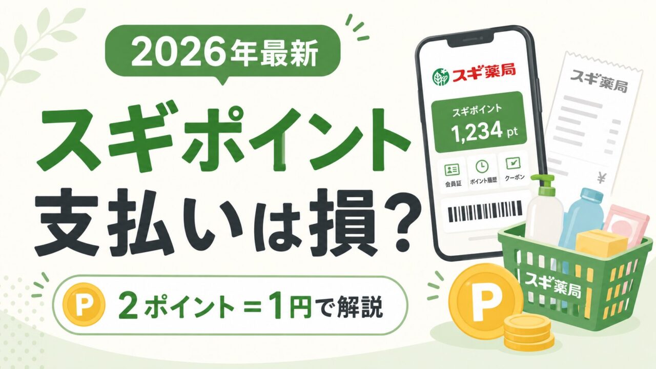スギ薬局のポイントは支払いに使うと損なのか、2ポイント＝1円の仕組みを紹介するアイキャッチ画像
