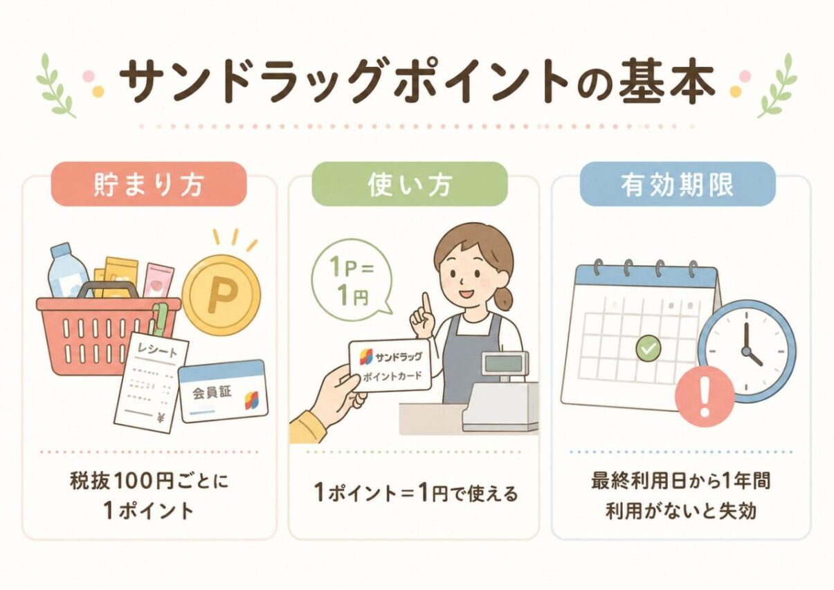 サンドラッグポイントの基本として、貯まり方・使い方・有効期限をわかりやすくまとめた挿絵