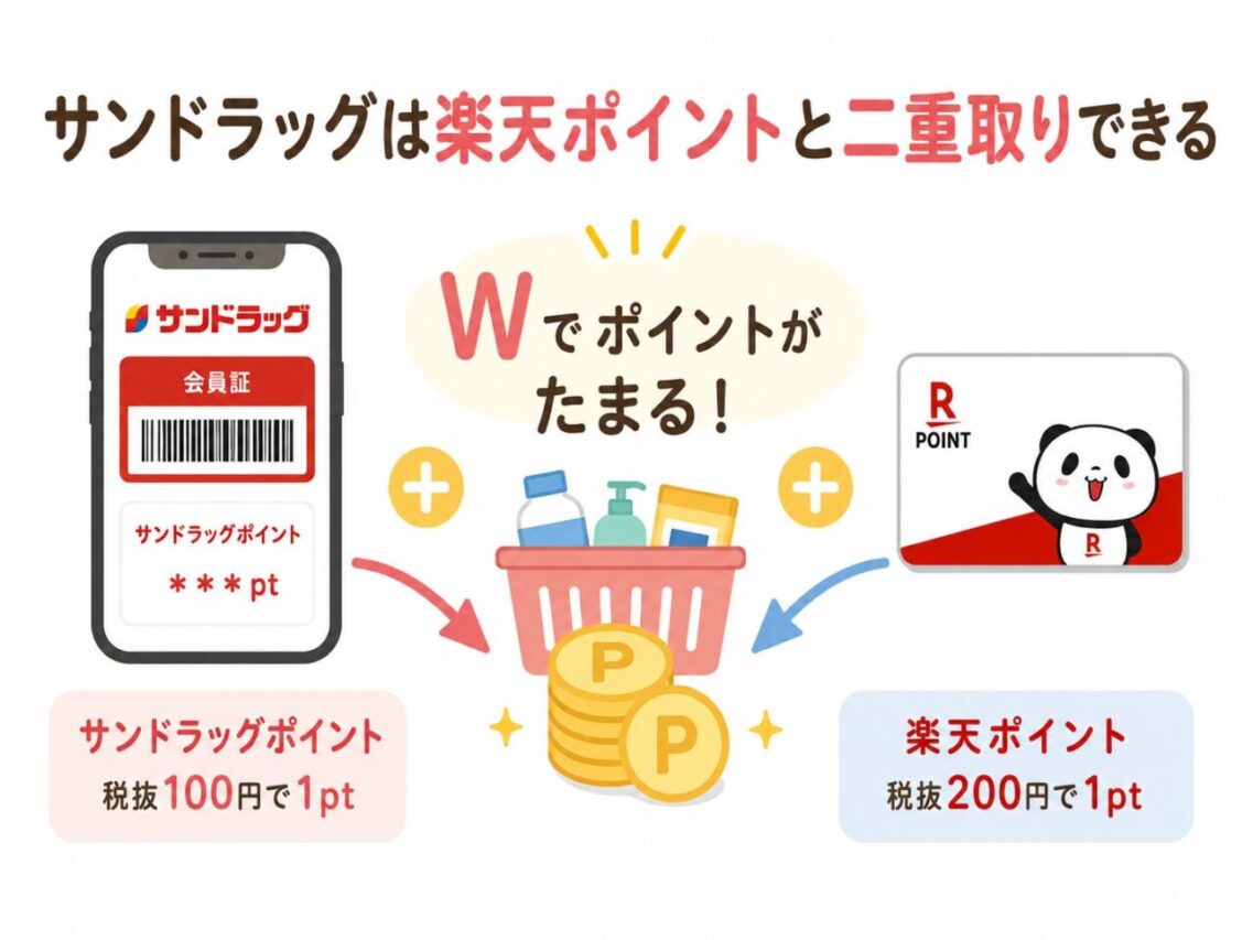 サンドラッグポイントと楽天ポイントを二重取りできる仕組みをわかりやすくまとめた挿絵