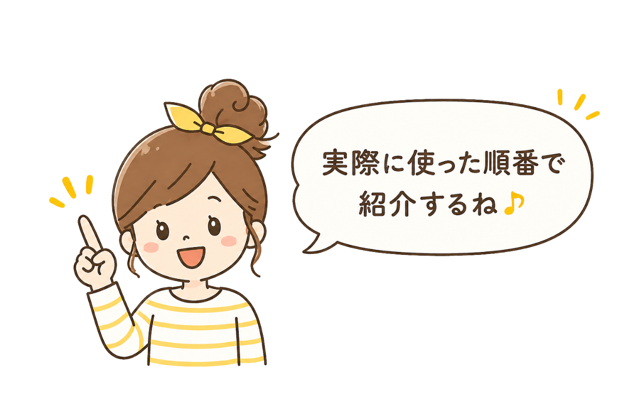 ちたまめママが「実際に使った順番で紹介するね」と案内するイラスト